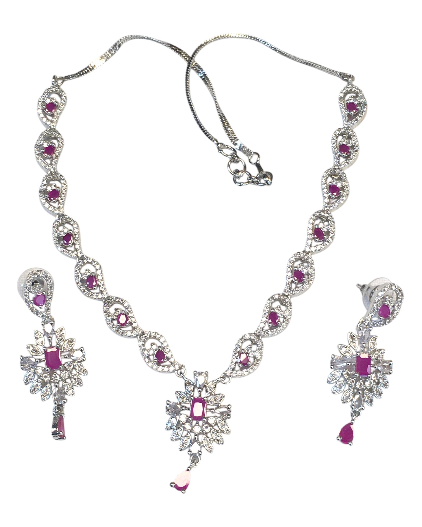 Magenta / Fuchsia - American Diamond Style Silver Finish Small Size Necklace Set with Earrings - AE2421 11R24
