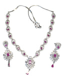 Magenta / Fuchsia - American Diamond Style Silver Finish Small Size Necklace Set with Earrings - AE2421 11R24