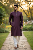 Wine - Banarasi Handloom Brocade Mens Indian Kurta set with Trousers - UK Stock - Weddings / Walimas , Sangeet, Diwali, Eid, Mehndi / Henna - VEE2459 VP