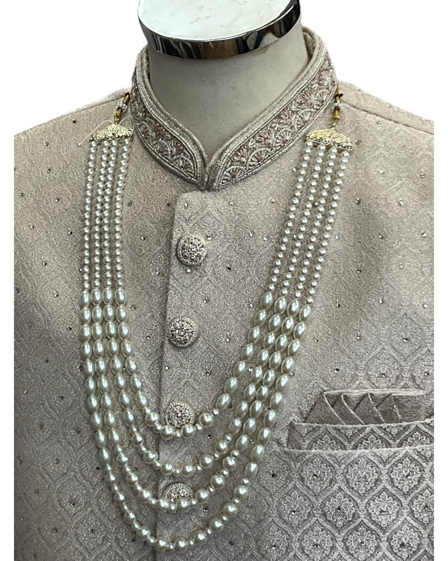 Cream - Rich Banarasi Brocade Sherwani with Pearls and Light Pink Embroidery - JF002 05RP26