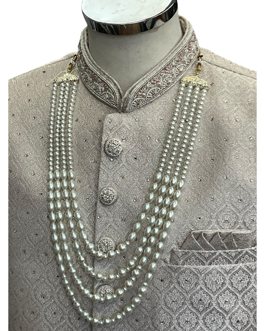 Cream - Rich Banarasi Brocade Sherwani with Pearls and Light Pink Embroidery - JF002 05RP26