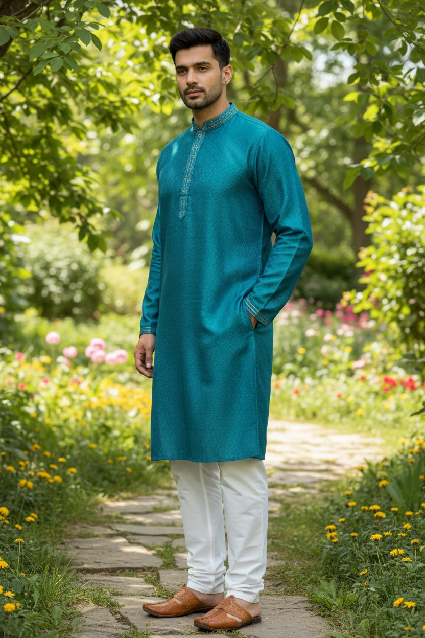 Turquoise Blue - Banarasi Handloom Brocade Mens Indian Kurta set with Trousers - UK Stock - Weddings / Walimas , Sangeet, Diwali, Eid, Mehndi / Henna - VEE2459 VR