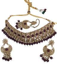 Maroon - Large Size Antique Gold Finish Necklace Set with Earrings - VC1553  KV 0424