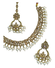 Gold / Neutral - Antique Gold Finish Necklace & Earrings Set - Bollywood - Weddings - KAJ1039 11KK24