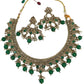 Green - Medium Size Antique Gold Finish Necklace Set with Earrings - HR1008  KK 0424