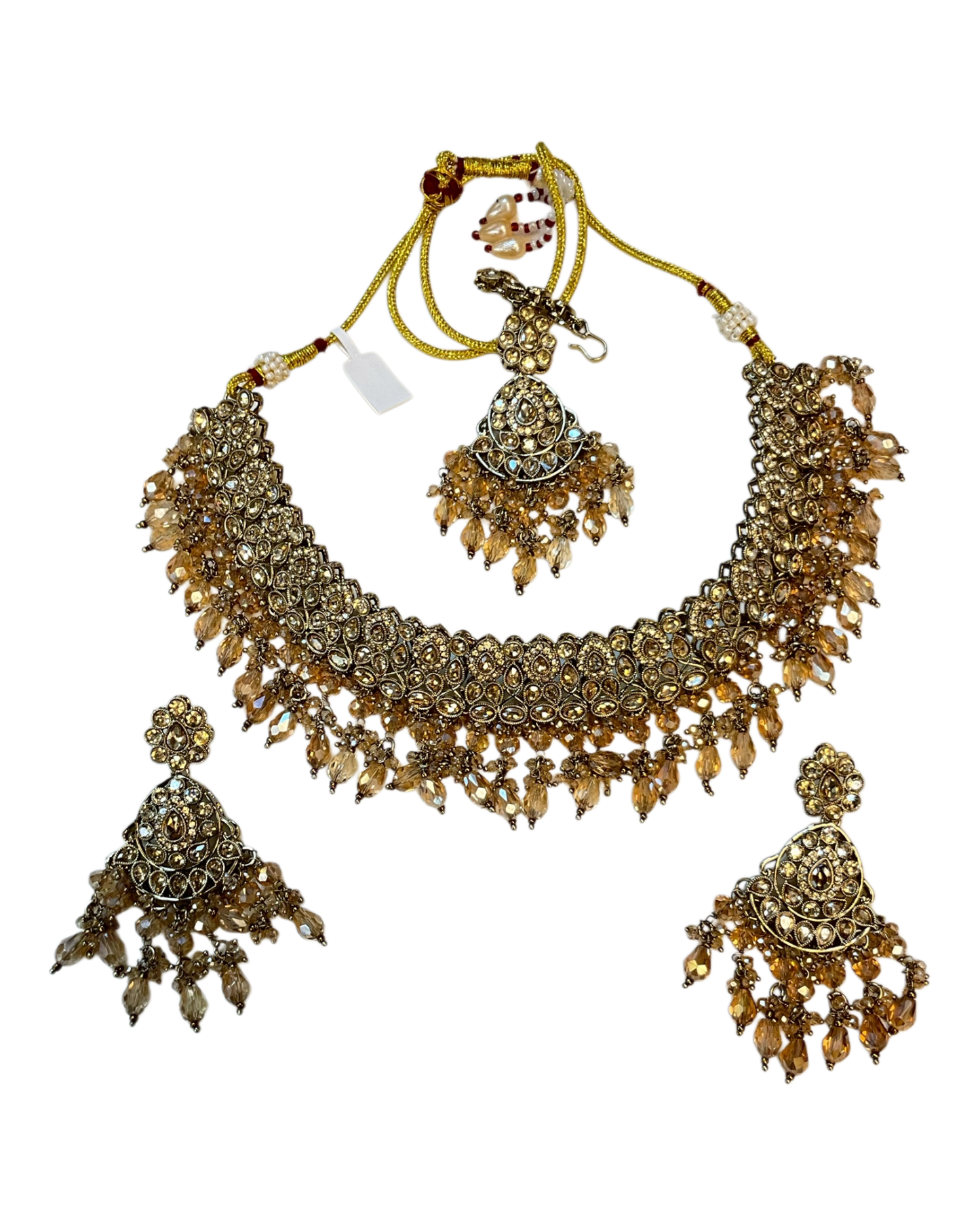 Crystal - Large Size Antique Gold Finish Necklace Set with Earrings & Head Piece - JIG82 04KV26