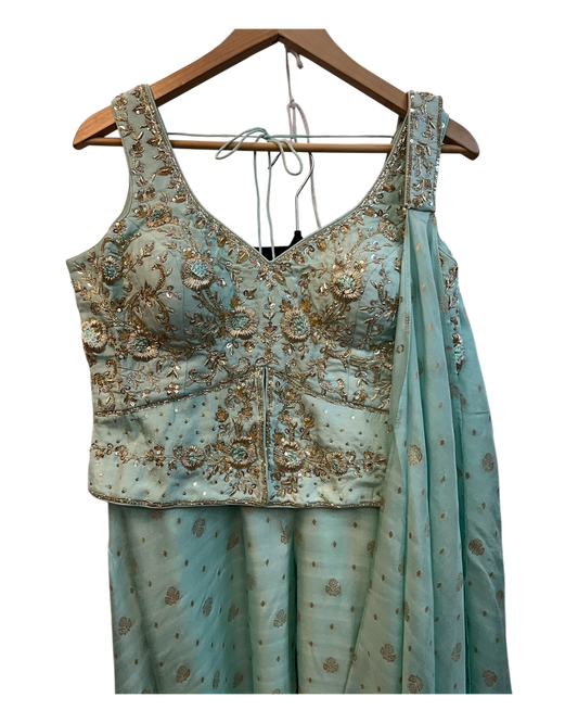 UK 12 / 38" - Sea Green - Designer Ladies Indian Short Top Palazzo Trousers Suit - UK Stock - 2/3 days delivery - VMK JINA RY