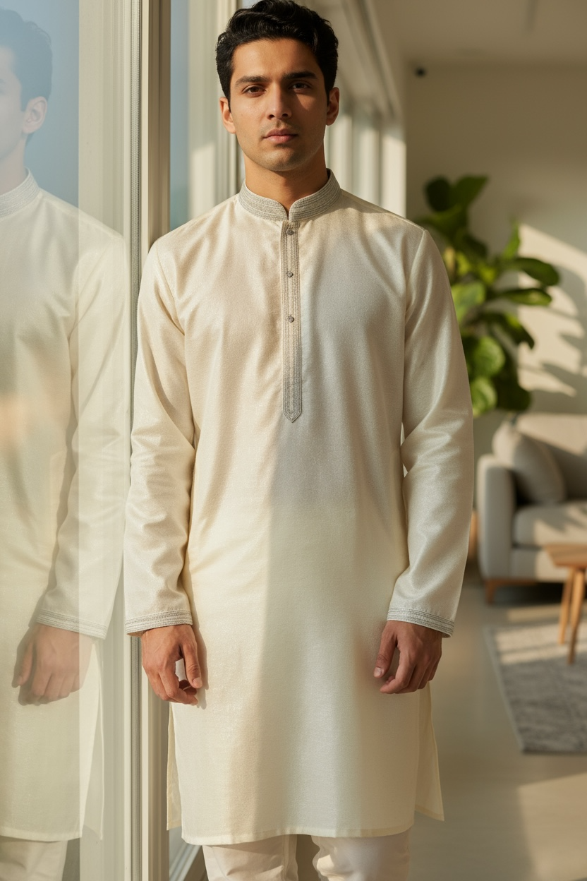 Off White / Cream - Silky Mens Indian Kurta set - UK Stock - Ideal to Pair with a Waistcoat - VEE2483 KH