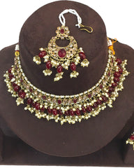 Maroon - Large Size Antique Gold Finish Necklace Set with Earrings - JE18  C 0424