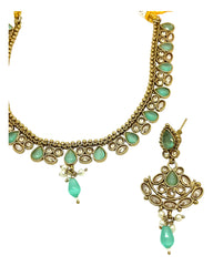 Sea Green - Small Size Antique Gold Finish Necklace Set with Earrings - Bollywood - AE2518 08A25