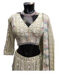 Pastel Pista Green - Delicately Embroidered Chiffon Designer Lehenga Set - UK 12-16 - UK Stock - 24h Dispatch - NE2404 CP 0724