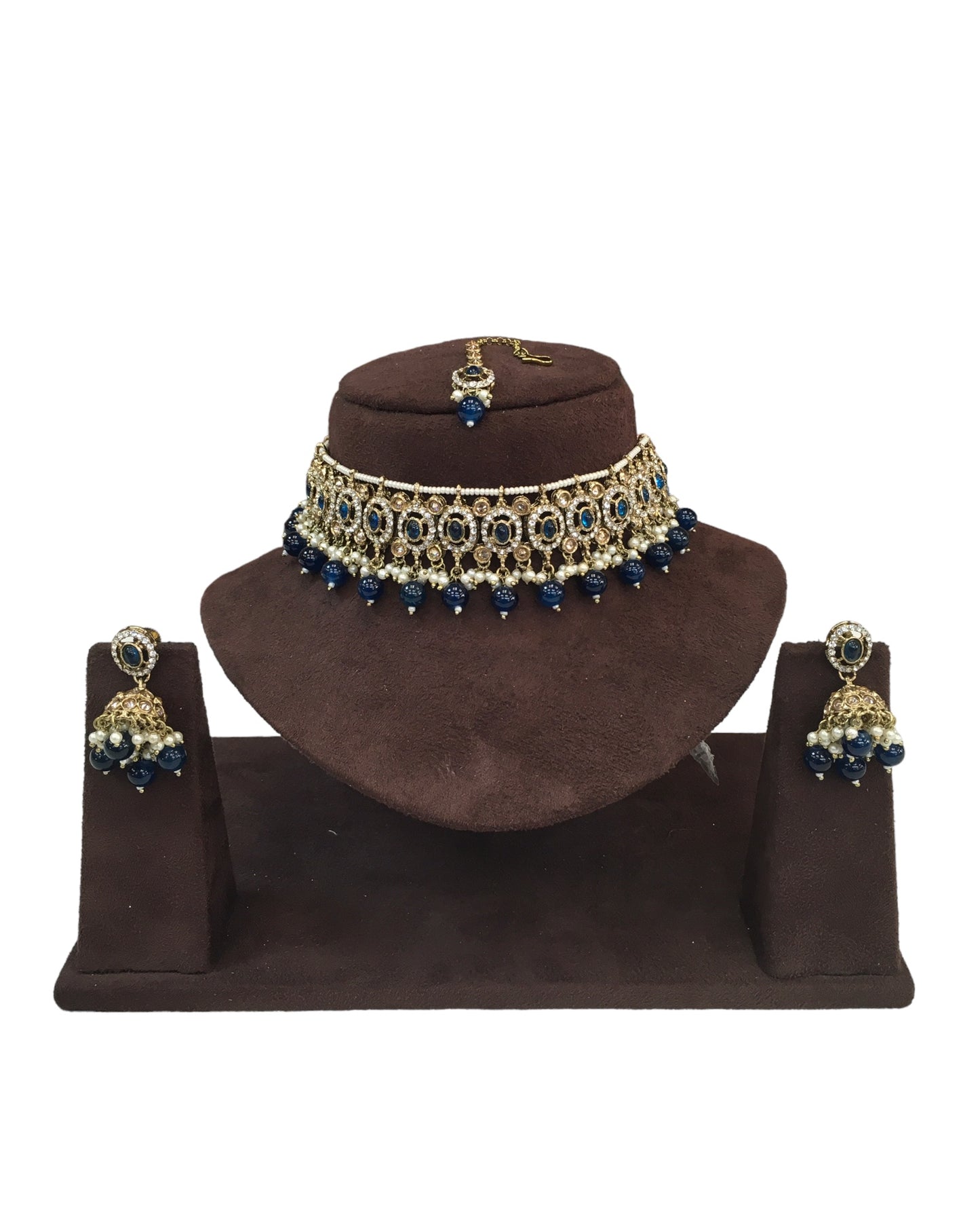 Navy Blue - Medium Size Antique Gold Finish Choker Necklace Set with Earrings - RAK149  C 0424