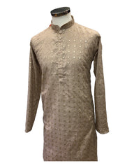 Beige - Linen Mirror Work Mens Kurta Set - Sangeet Mehendi Haldi - NY2302 KT 1123