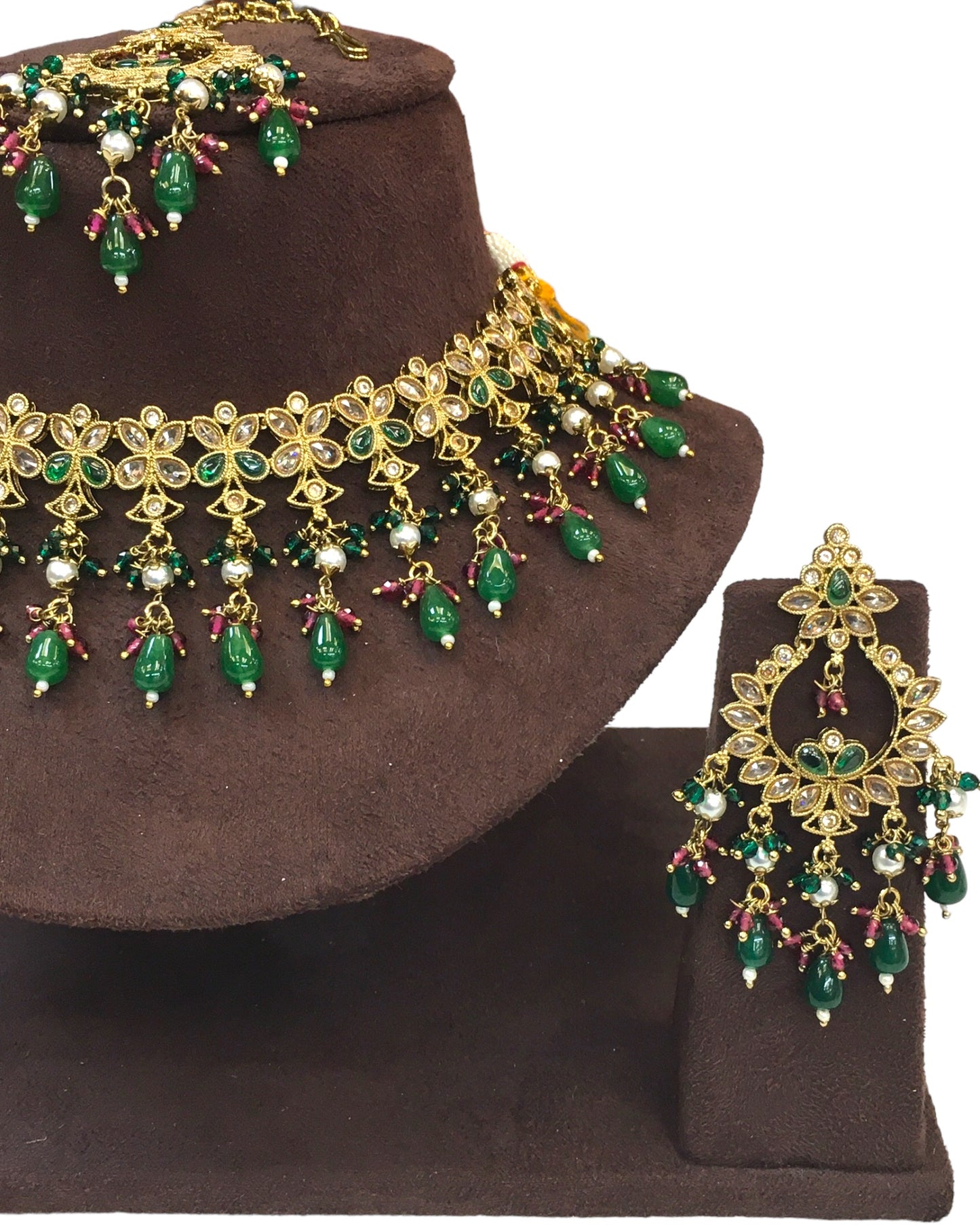 Green - Large Size Antique Gold Finish Necklace Set with Earrings - HB999  KT 0424