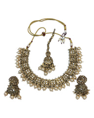 Gold - Large Size Antique Gold Finish Necklace Set with Earrings - JIG49  11H24