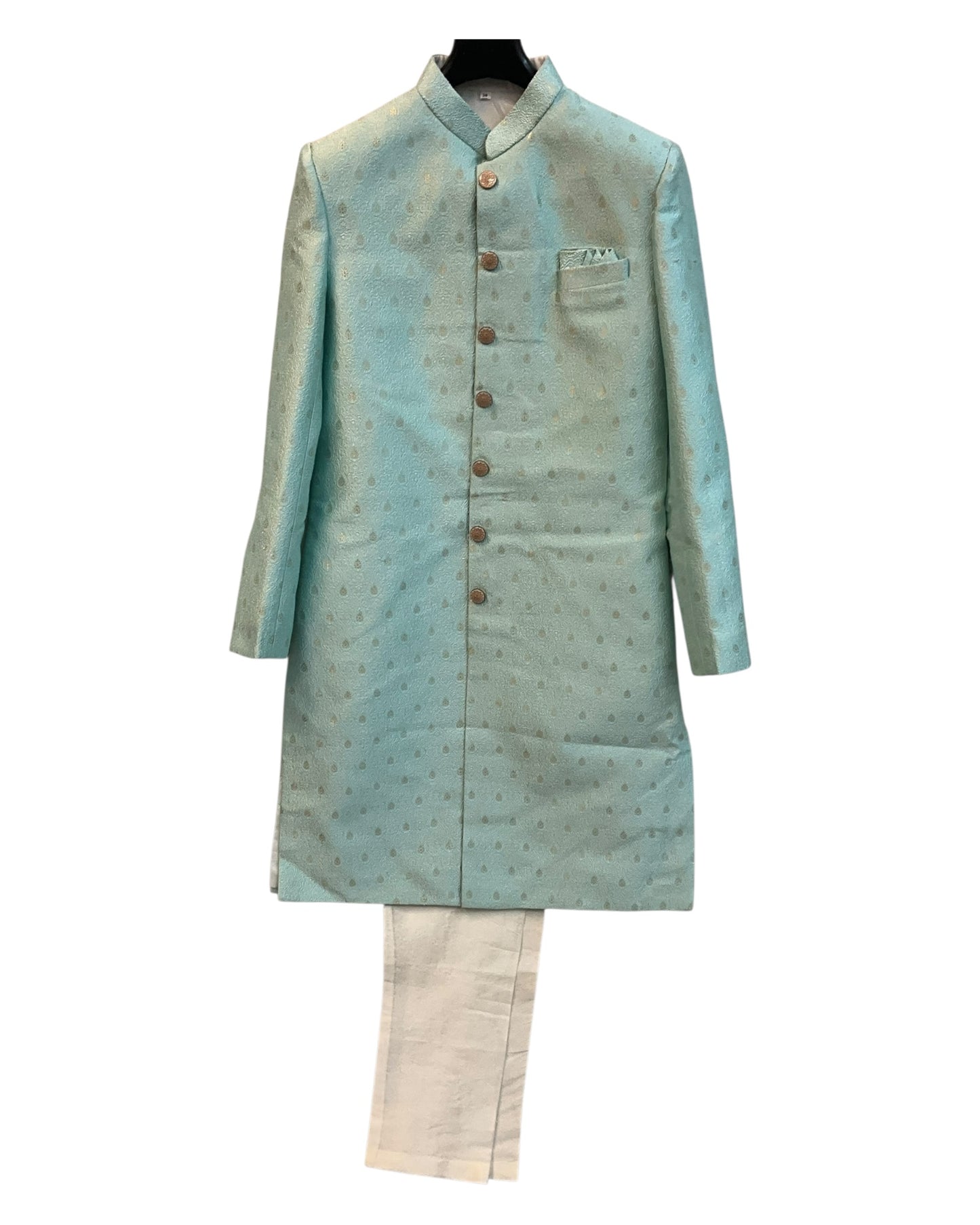 Sky / Light Blue - Classic Banarasi Handloom Brocade Sherwani with Gold Buttons - UK Stock - BS787 08JC25