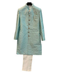 Sky / Light Blue - Classic Banarasi Handloom Brocade Sherwani with Gold Buttons - UK Stock - BS787 08JC25
