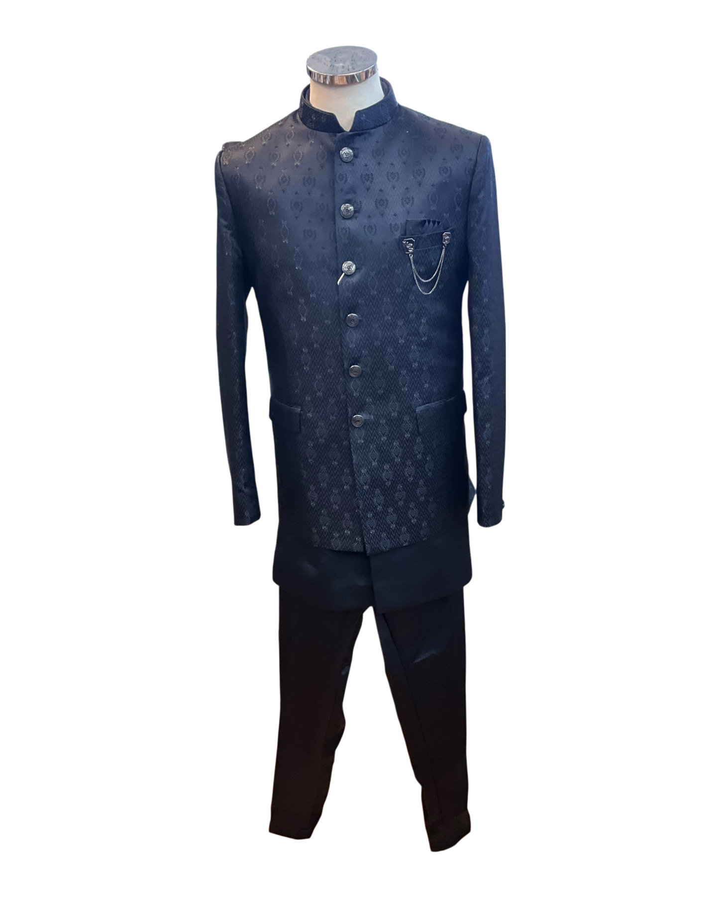 Navy Blue - PREMIUM Slim Fit Mens Self Brocade BandhGala / Prince / Chinese Collar Jacket with Long inside Waistcoat - Fantastic Fit - CS2505 03PY25