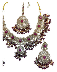 Purple / Wine - Large - Antique Gold Finish Necklace Set with Earrings & Head Piece - AE2512 08KV25