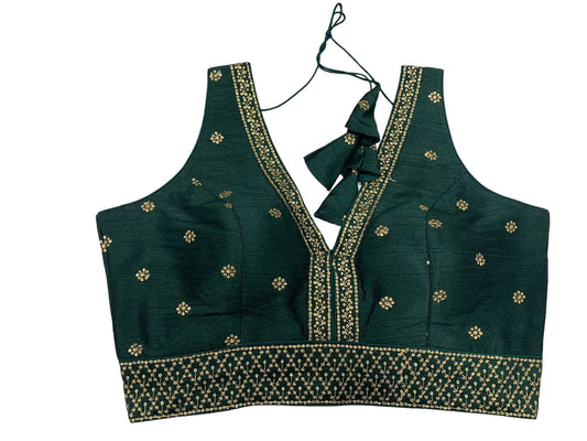 Bottle Green - Dupion Silky Saree / Lehenga blouse - 38" Bust (UK 12) Can be let out to size 16  - AF2406 H 0324