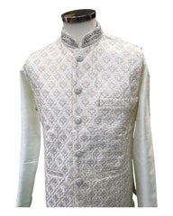Off White - Mens Silky Churidar Kurta Set with embroidered Waistcoat -  KCS2206 JP 0322