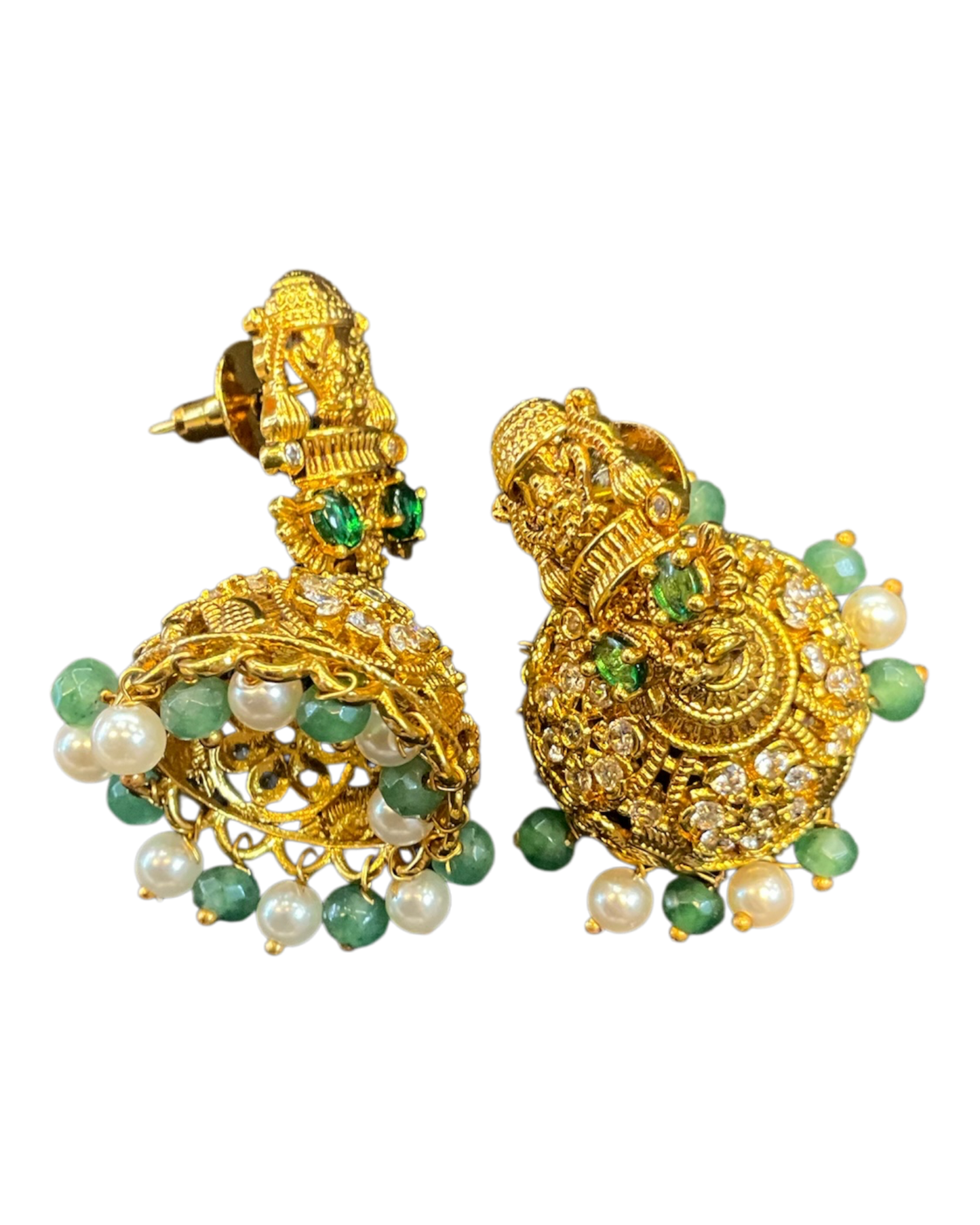 Green - Medium - Antique Gold Finish Traditional Earrings - Bollywood - Weddings - AE2611 P
