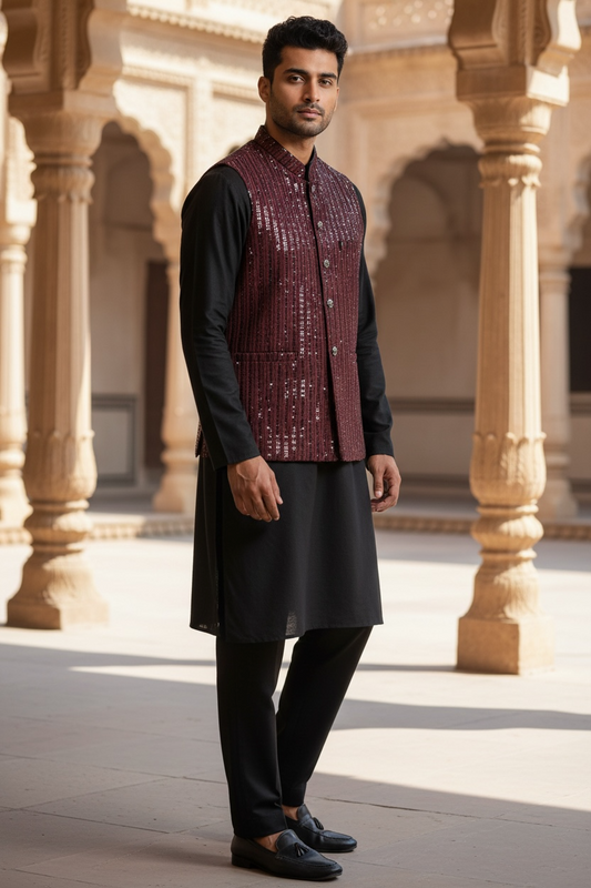 Maroon - Rich All Over Sequins Embroidered - Mens Indian Waistcoat - UK Stock - 24 hr Dispatch - KCS2602 03VT26