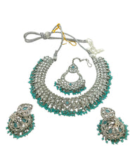Light Blue - Large Size Silver Finish Necklace Set with Earrings & Tika (Head Piece) - UK Stock - GGA17 08KK25