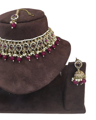 Purple - Medium Size Antique Gold Finish Choker Necklace Set with Earrings - RAK149  C 0424