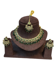 Green - Medium Size Antique Gold Finish Necklace Set with Earrings - RZ31 KYp
