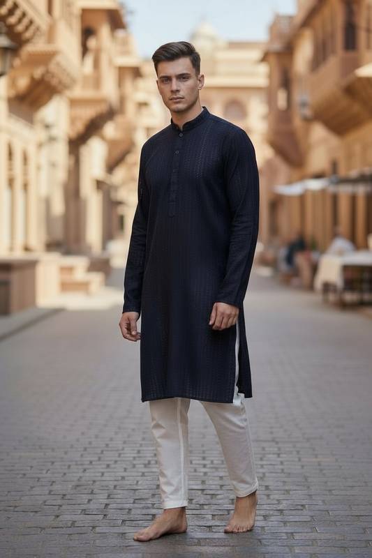 Navy Blue - Rich Sequins Lucknowi Chiffon Mens Indian Kurta Set with Smart Pants - Weddings / Walimas , Sangeet, Eid, Mehndi / Henna - SHU2501 KC 0325