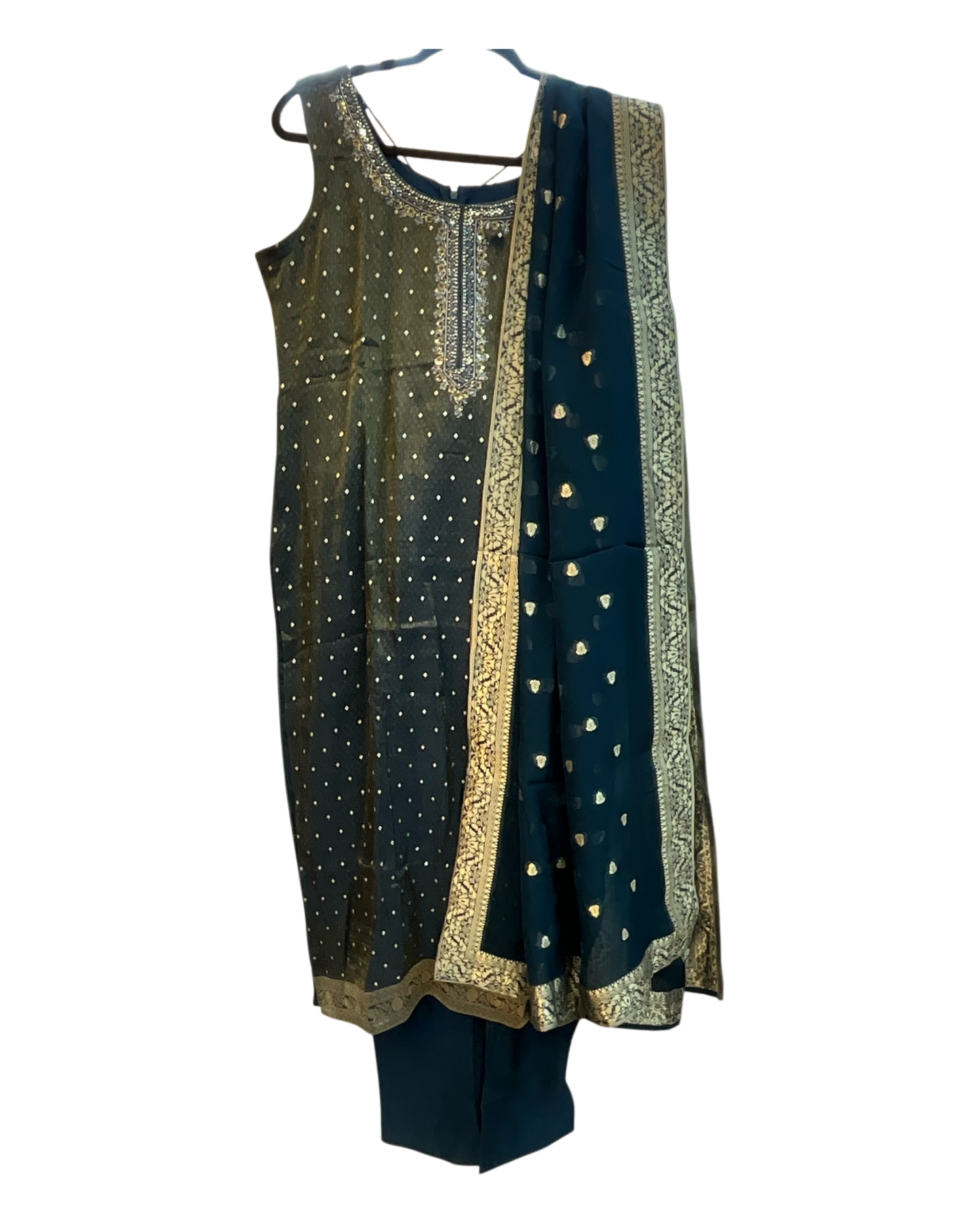 UK 14 / 40" - Dark Petrol Blue - Silky Brocade Ladies Trousers Suit - Sangeet / Henna / Temple - OC45067 TJ VA