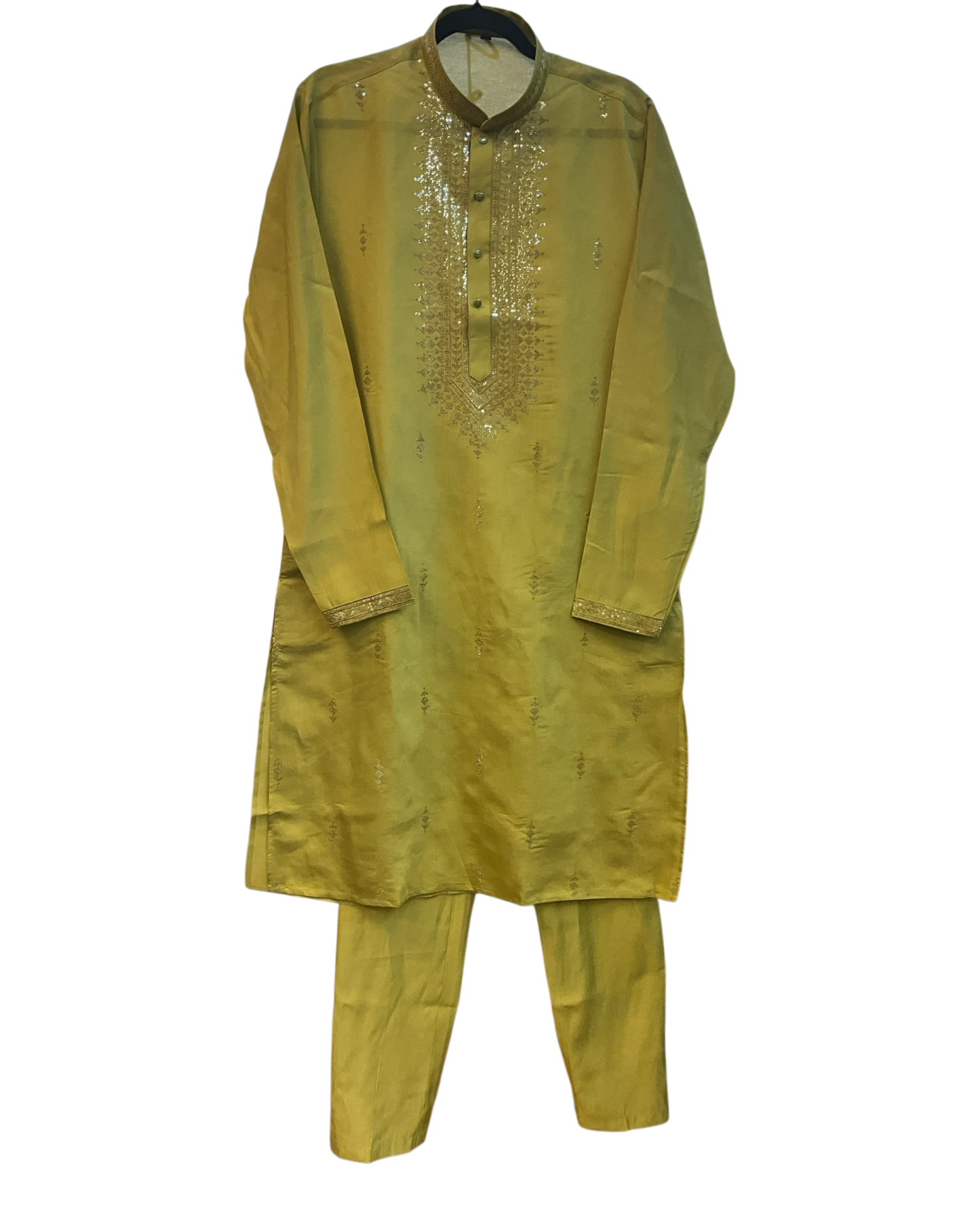 Light Olive Green - Soft Cotton Infused Mens Kurta Set with Rich Sequins Embroidery - Sangeet Mehendi Haldi - KCS3001 06KH26