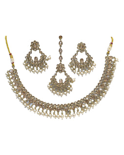 Gold / Neutral - Antique Gold Finish Necklace & Earrings Set - Bollywood - Weddings - KAJ1040 11KK24