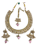 Pink - Antique Gold Finish Necklace & Earrings Set - Bollywood - Weddings - HR1015 11C24