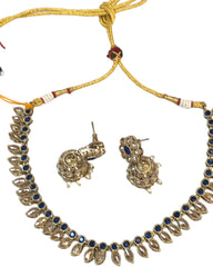 Navy Blue - Small Size Antique Gold Finish Necklace Set with Earrings - SV2404  C 0424