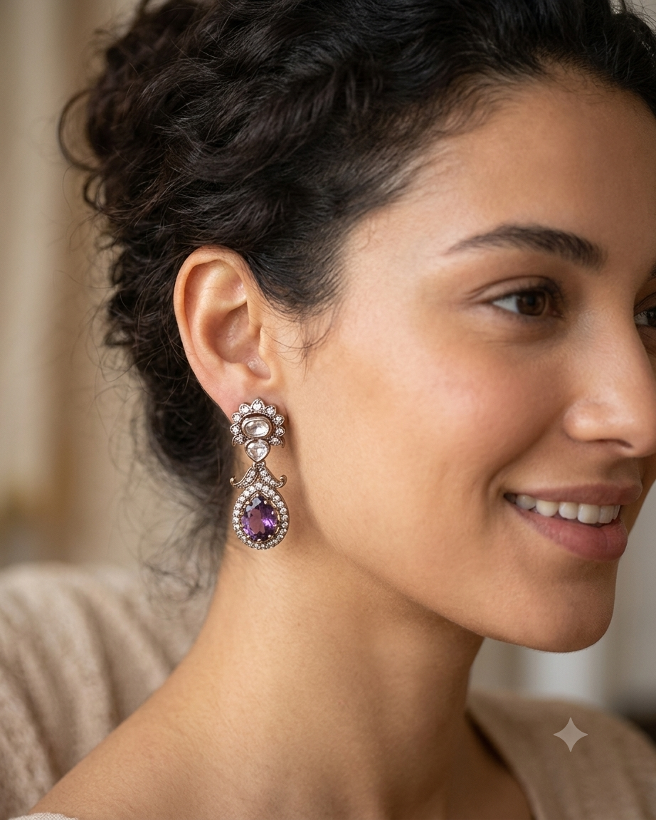 Purple - Small - Antique Gold Finish Traditional Earrings - Bollywood - Weddings - 15ER715 07J26