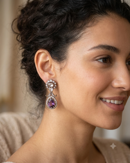 Purple - Small - Antique Gold Finish Traditional Earrings - Bollywood - Weddings - 15ER715 07J26