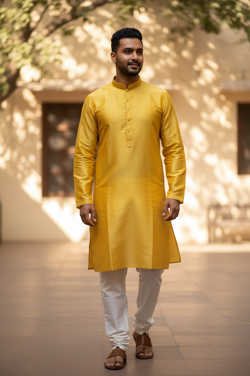 Haldi Yellow - Banarasi Handloom Brocade Mens Indian Kurta set - UK Stock - Weddings / Walimas , Sangeet, Diwali, Eid, Mehndi / Henna - VEE2533 KC