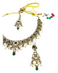 Green - Medium Size Antique Gold Finish Necklace Set with Earrings & Tika Head piece - SAJ04  08C25