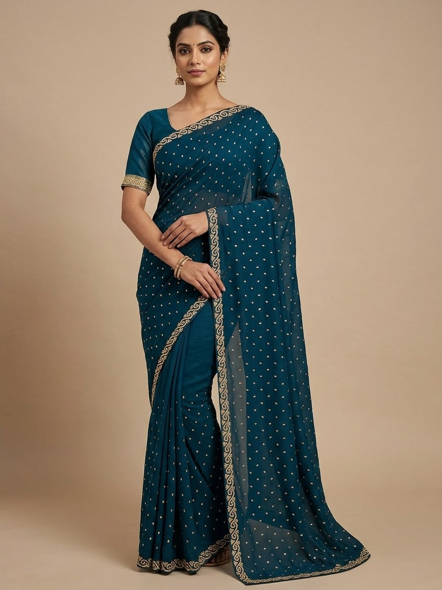 Dark Petrol Blue - Fancy Party Saree with Blouse Piece - UK stock - 24hr Dispatch - SP2609 TV