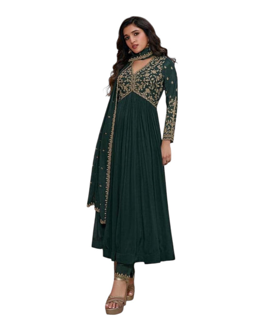 Chiffon - Teal Anarakali  Long Dress with Trousers - Size 14 (Bust 40") - Inside Margin to let out ( 3 to 4")VF66573 TY 1024