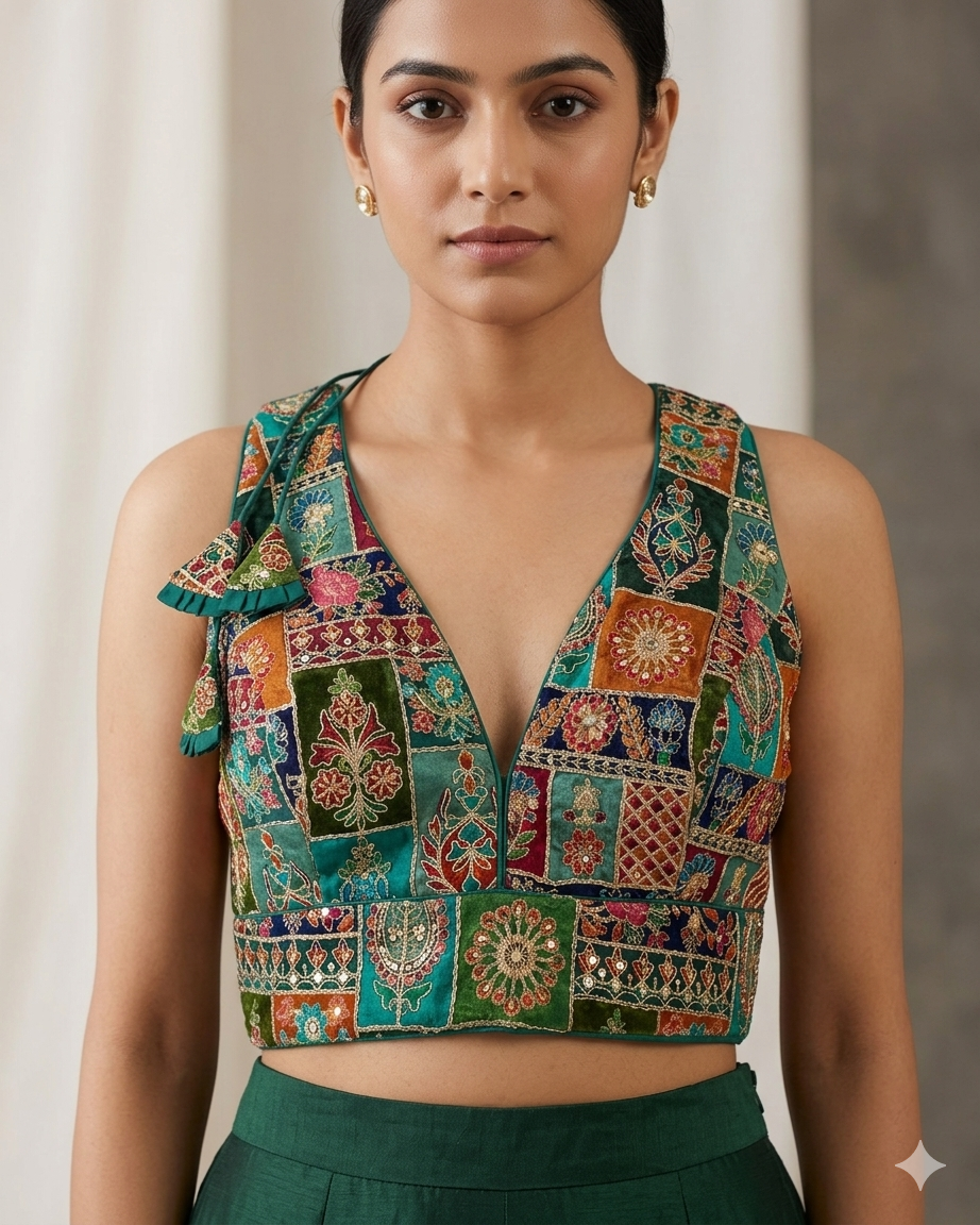 Size 42" / UK 16 - Jade Green - Rich Silky Printed Saree blouse with cups - UK Stock - Quick Delivery - RNK - R961-KV