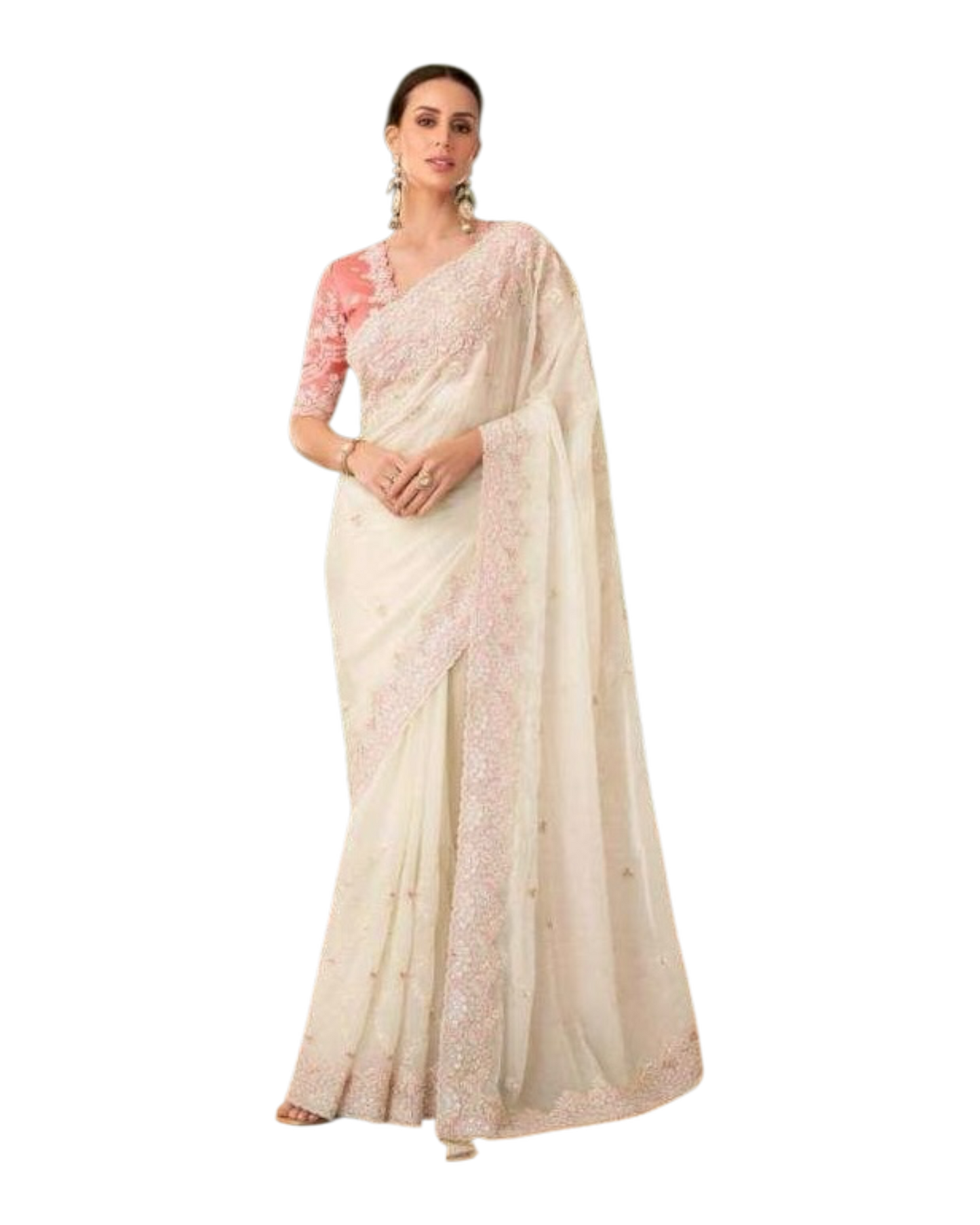 Off White - Fancy Saree with contrast Blouse Piece - UK stock - 24hr Dispatch - TFH205TT