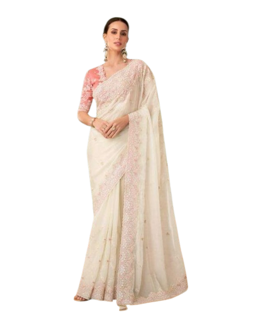 Off White - Fancy Saree with contrast Blouse Piece - UK stock - 24hr Dispatch - TFH205TT