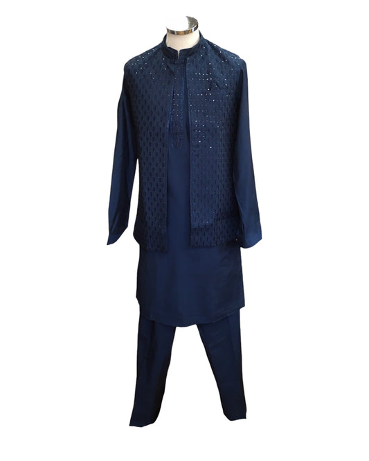 Navy / Petrol Blue - Mens Kurta Set with Rich Brocade Waistcoat  - SHU2507 TY 0325
