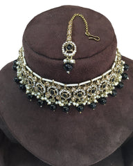 Black - Medium Size Antique Gold Finish Choker Necklace Set with Earrings - RAK149  C 0424