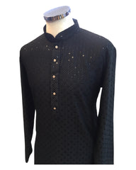 Black - Locknawi Chikankari Chiffon Self Brocade Mens Indian Kurta set - Weddings / Walimas , Sangeet, Mehndi / Henna , Eid / Diwali - BS2505 01TY25