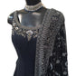Cotton / Silky Dark Navy Anarakali  Long Dress with Grey Embroidery - Size 12 (Bust 38") - Dulhan HY 0724