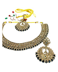 Black - Medium Size Antique Gold Finish Necklace Set with Earrings - SJ07 08KY25
